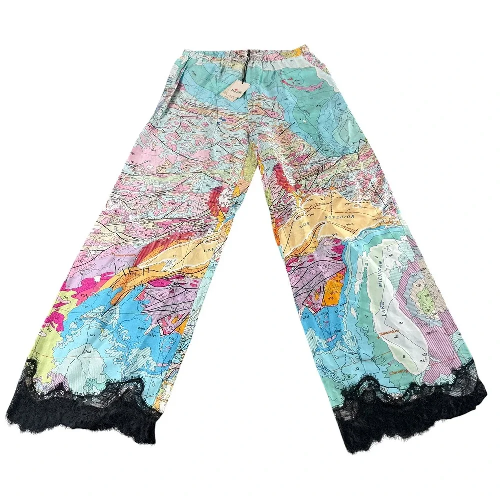 ME369 Mila Lace Button Down Top & Cora Pants Size Map Print XS Matching Set